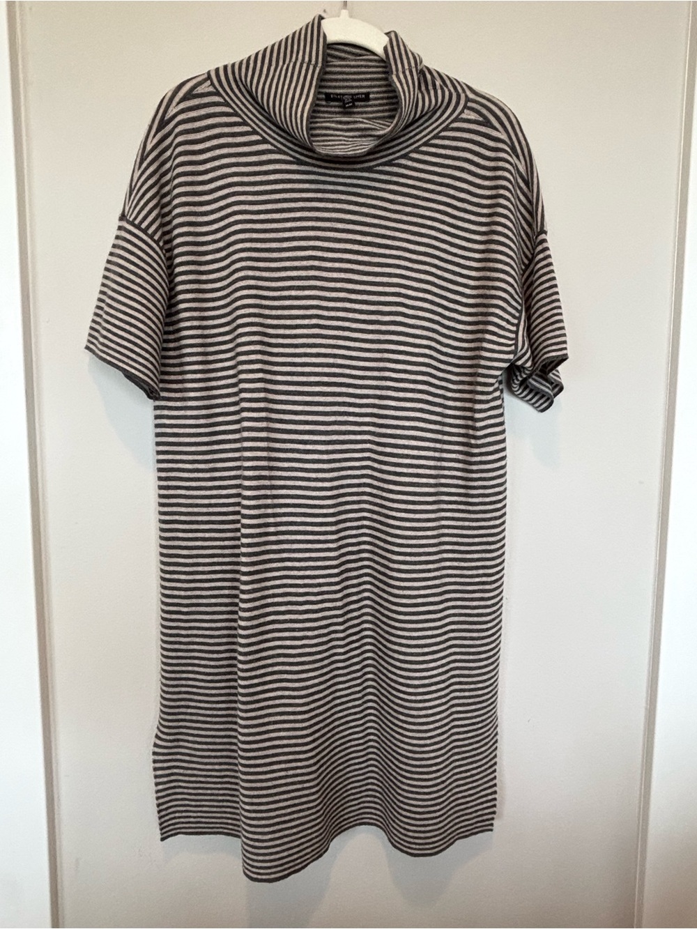 Eileen Fisher Striped Merino WoolShort-Sleeve Turtleneck Dress in Gray and Cream